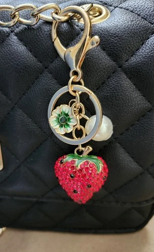 Strawberry Flower Bag Charm Keychain Rhinestone Chrystal Fruit Hearts NEW CUTE!