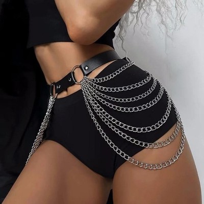 Gothic Punk Pu Leather Fringe Belt Adjustable Harness Waist Chain Women