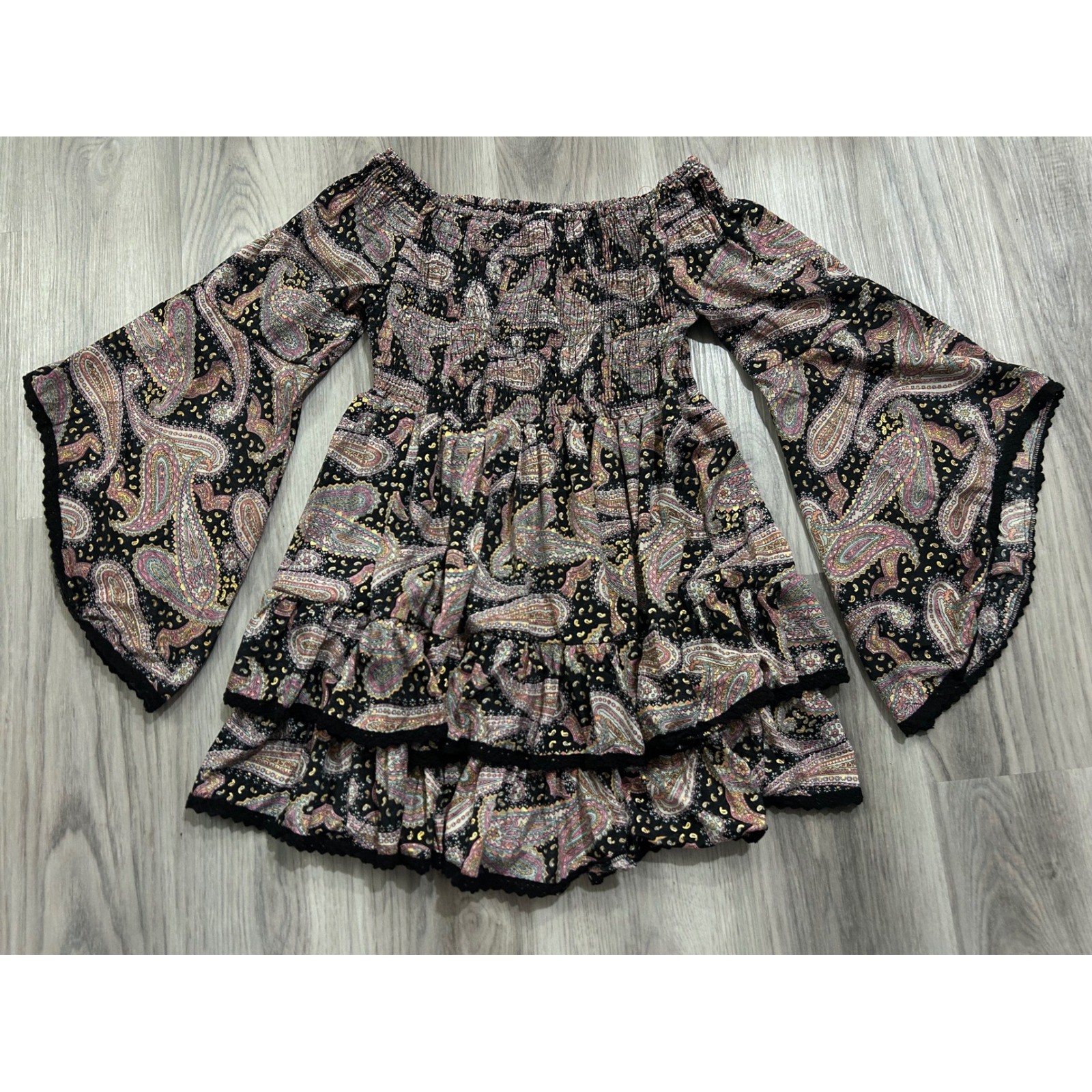 Earthbound Trading Co Paisley Smocked Off Shoulder Bell Sleeve Mini Dress Medium