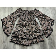 Earthbound Trading Co Paisley Smocked Off Shoulder Bell Sleeve Mini Dress Medium