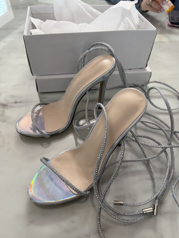 Silver Rhinestone Strappy Lace-Up Open Toe Stiletto Heels Faux Leather 8