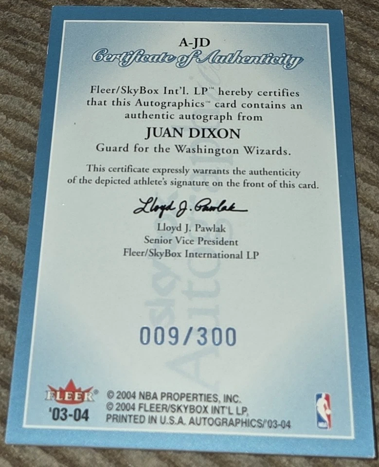 Juan Dixon 2003-04 Skybox Autographics Auto Card #'d 9/300 Washington Wizards - Image 2 of 2