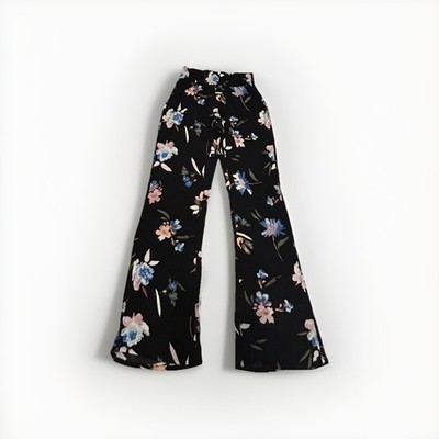 Oneill Black with Flowers Viscosa Women's Pants Size S. Wide Leg. Elastic Waist