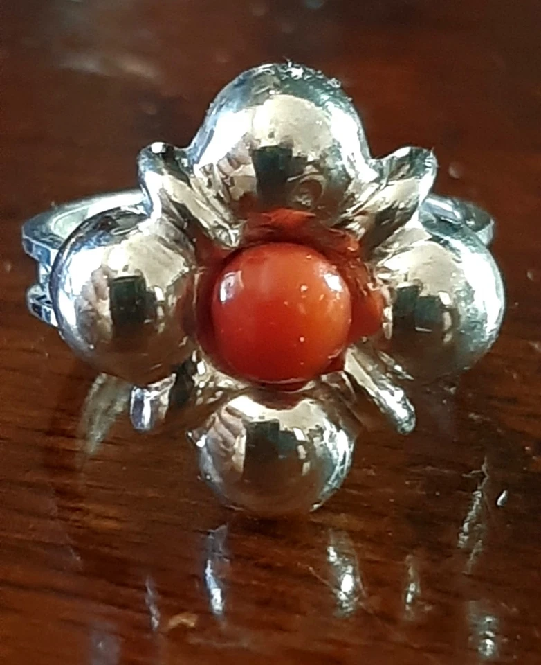 Anello - Argento -corallo Cabochon- Vintage - Immagine 2 di 4