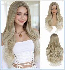 AliRobam 26" Ash Blonde Wavy Wig - Heat Resistant Synthetic Hair Lace Front Wig