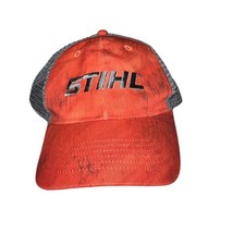 Stihl Outfitters Apparel Mens Orange Grey Mesh Snapback Trucker Hat Distressed