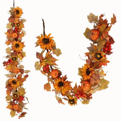 60 Inch Fall Garland (5 Ft) with Sunflowers and Pumpkins, Artificial Autumn H...