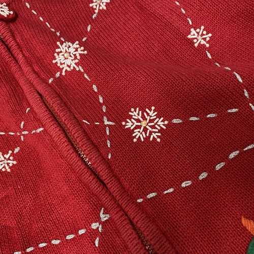 Vtg Christmas Cardigan Sweater Heirloom Collectibles Sz M Snow-men Beads Red Zip - Picture 10 of 24