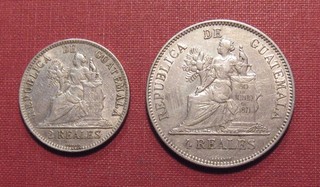 LOT OF (2) GUATEMALA SILVER COINS 1895H 2 REALES AND 1894H 4 REALES!