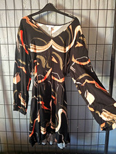 Nine West 2XL Black Abstract V-Neck Balloon Sleeve Tie Belted Mini Dress