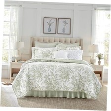 - Quilt Set, Soft  Reversible Cotton Floral Queen Bedford Green/Off-white