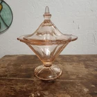 Pink Depression Glass Covered Candy Dish Apothecary Jar Pedestal Vintage