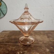 Pink Depression Glass Covered Candy Dish Apothecary Jar Pedestal Vintage 