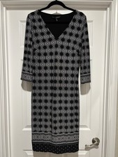 WHBM Black White Geometric Dress Small V Neck 3/4 Sleeve Career Chic