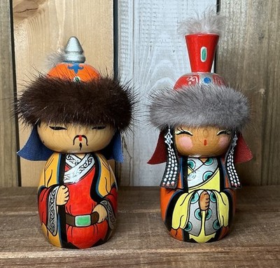 Pair Of Handmade Hand Painted Mongolian Wood Dolls Fur Trimmed Hats Man & Woman