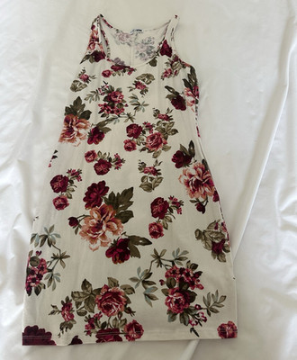Fashion Nova Slip Dress M Ivory Floral Scoop Neck Strappy Sleeveless Knee