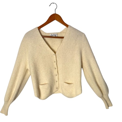 Maglione cardigan fuzzy effetto laterale vintage taglia M panna manica a palloncino maglia accogliente - Foto 2 di 12