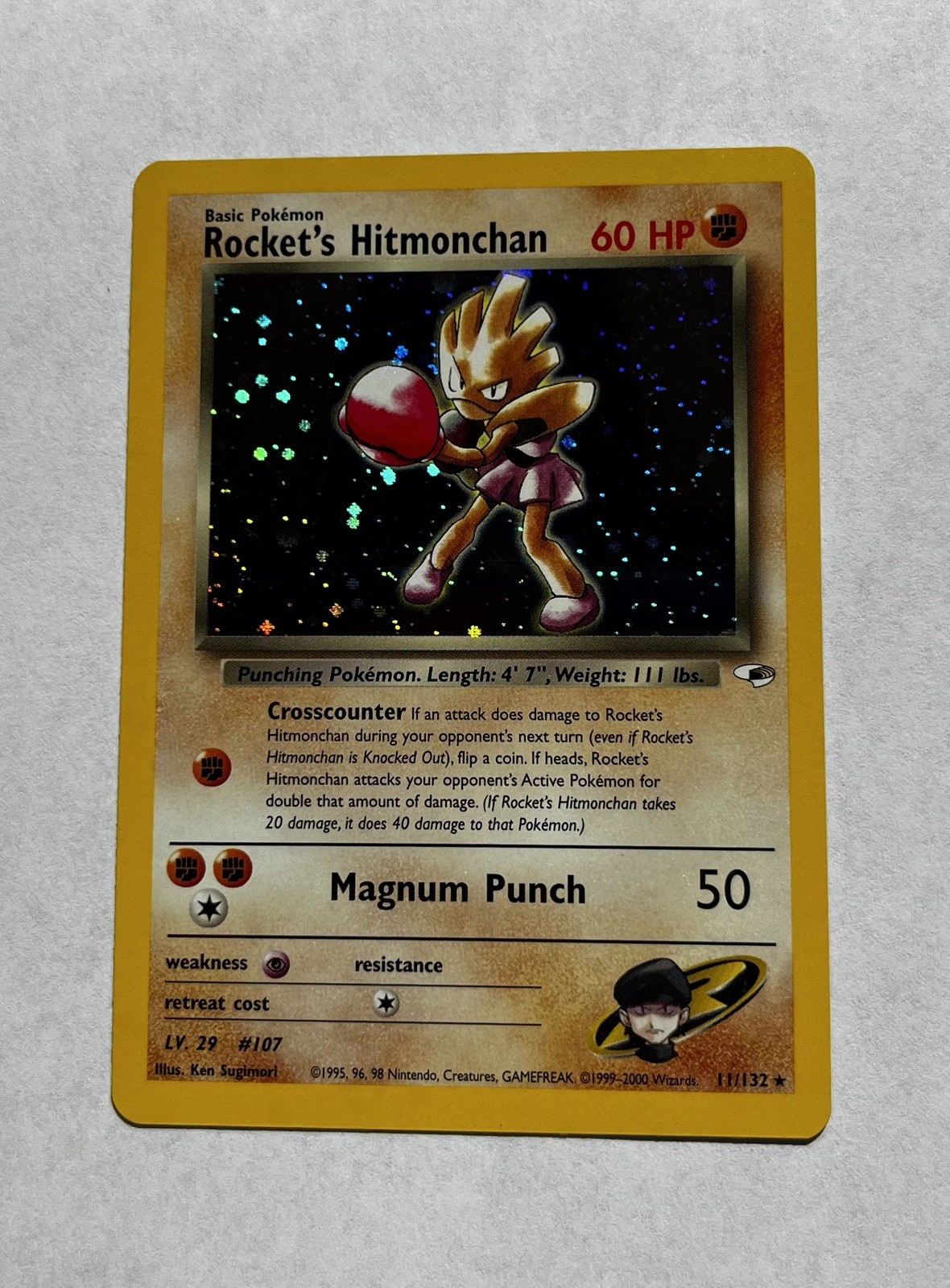 Pokémon TCG Rocket's Hitmonchan 11/132 Gym Heroes Holo Rare Unlimited WOTC Swirl