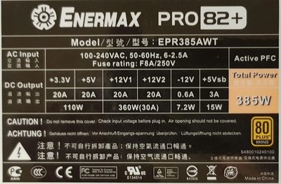 Enermax Pro 82+ Model: EPR385AWT 385 Watt PC Netzteil