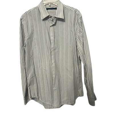 Perry Ellis Mens M LS Shirt Cotton Button Down Dress Blue White Striped