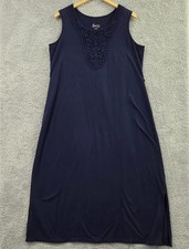 D&CO Denim & Co. Navy Blue Sleeveless Maxi Dress Large Petite Crochet Bib Boho