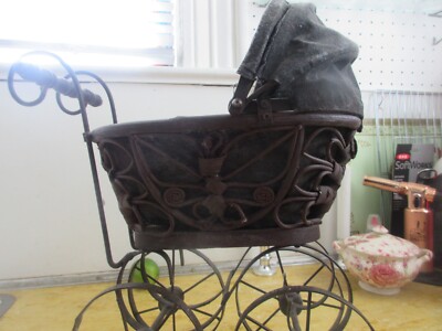 Vintage Victorian Doll Carriage Baby Pram Wicker/Rattan Canvas