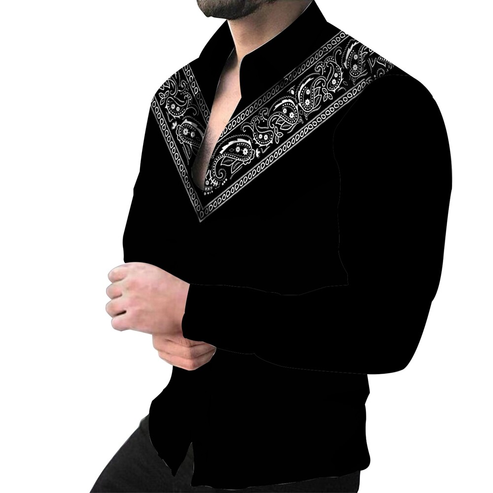 Camisas Botones Hombre Ribete Blanco Barroco Informal Manga Larga Negro Moda Top