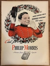 1943 Philip Morris Cigarettes Victorious Christmas Soldier 1940s Print Ad