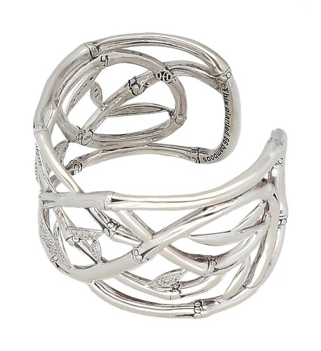 John Hardy 925 Sterling Silver Bamboo Diamonds Wide Cuff Bracelet 6.75" - Picture 3 of 4