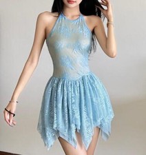 Women Sleeveless Perspective Mesh Floral Nightclub Sweet Short Mini Dress Street