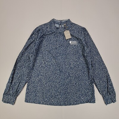 Oasis Damen Bluse Blau 12 UK Punkte Punkte Muster Baumwolle Oberteil Langarm