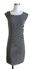 Ann Taylor LOFT Striped Ruched Sheath Dress Black White Sleeveless Small