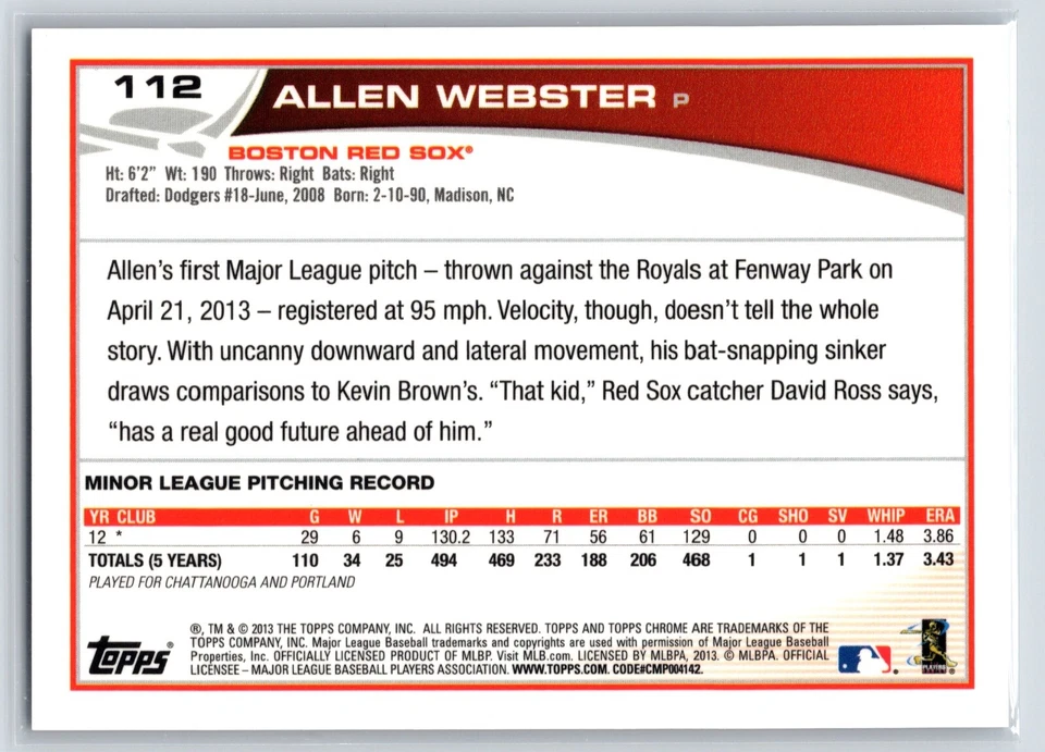 Allen Webster 2013 Topps Chrome Rookie Autograph #112 Auto RC Boston Red Sox - Image 2 of 2