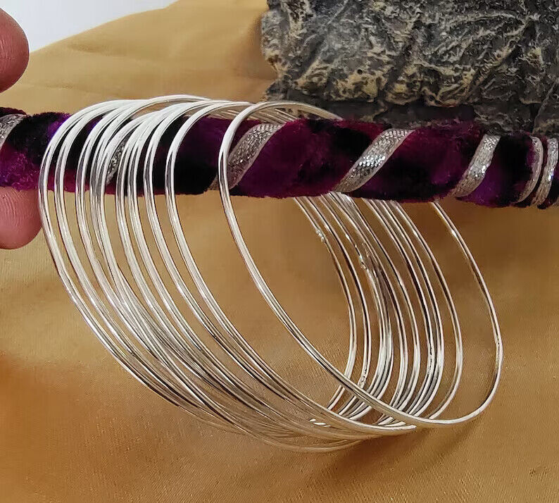 10 Set Of Silver Simple Bangles Solid 925 Silver Handmade Women