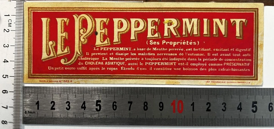 PEPPERMINT 1920's against CHOLERA French Mint Liquor Vintage Old Alcohol Label - Image 1 of 1