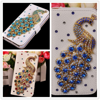 Women Peacock Bling PU Leather Diamond Card Wallet Crossbody Phone Case Cover
