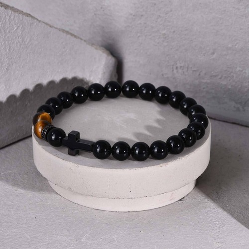 Natural Stone Cross Bracelets Men Boys Black Religious Tiger Eye Beads Charm - Picture 6 of 8