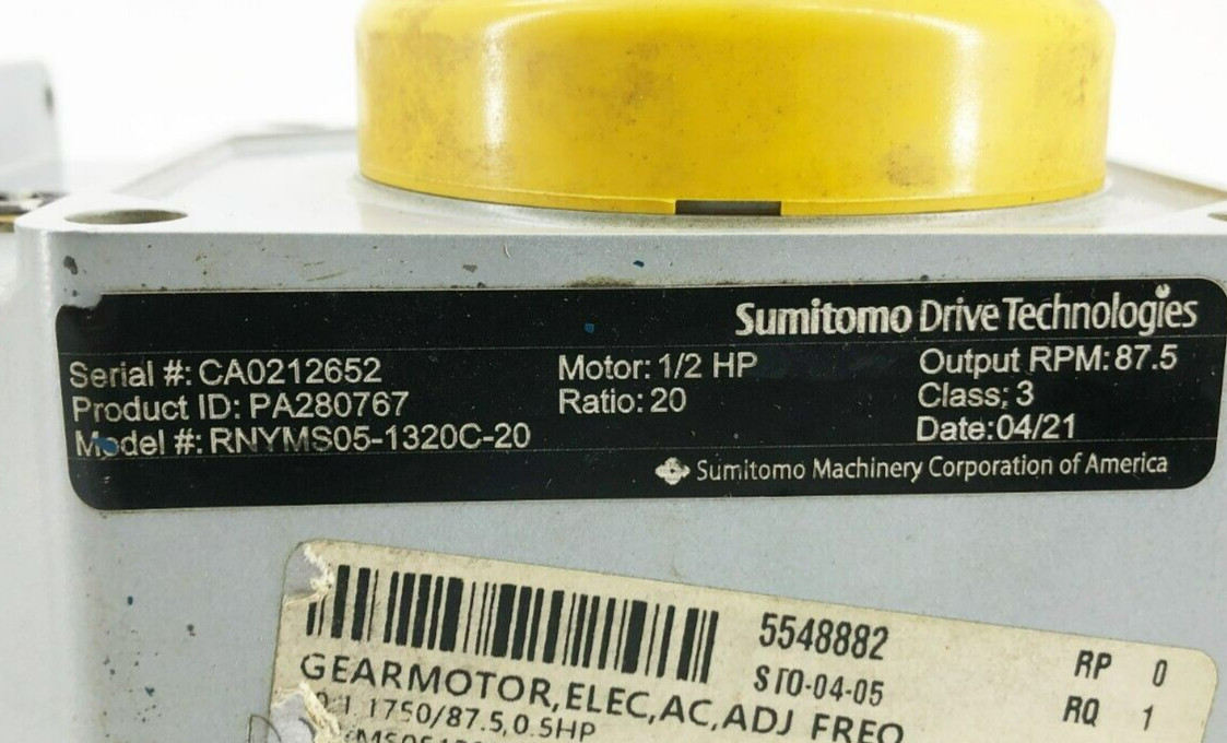 New Sumitomo RNYMS05-1320C-20 1/2hp Gearmotor 87.5rpm Output 230/460V 60Hz