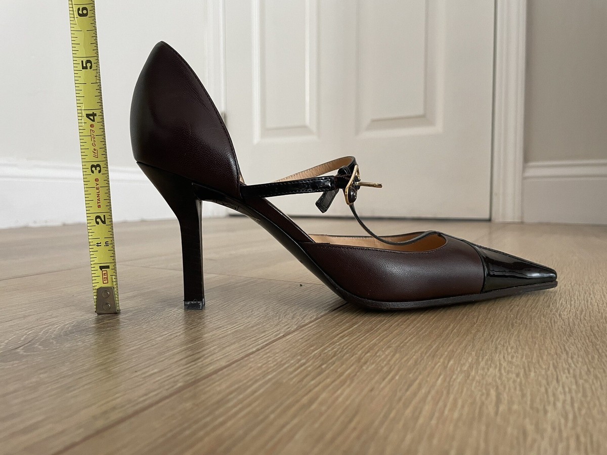 Chanel T-Strap Pumps 36.5 6.5 Two Tone Pointed Cap Toe Logo