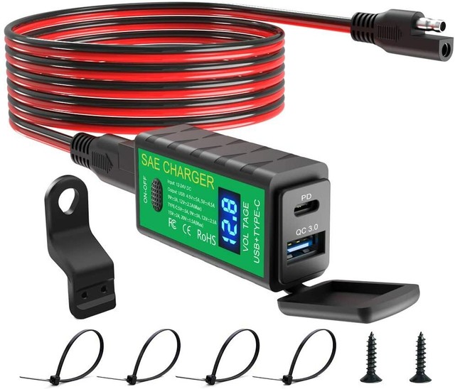 Motorcycle USB Charger SAE to USB Adapter with USB C 18W ,QC3.0 Fast