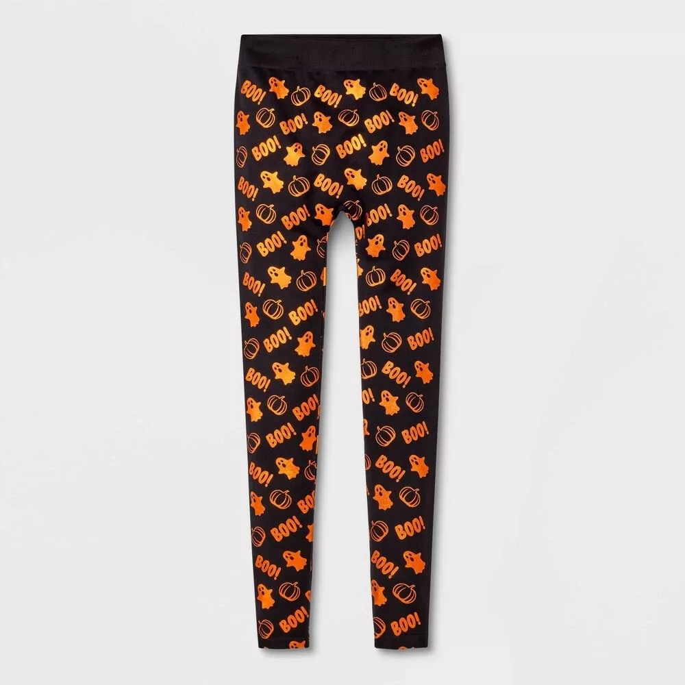 L/XL Womens Foil Printed Boo Halloween Seamless Fleece Lined Leggings Hyde  & EEK