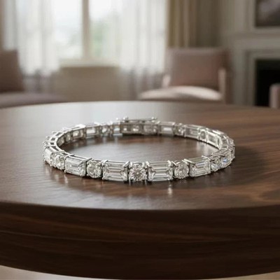 7Ct Emerald Cut White Moissanite Women's Tennis Bracelet 14K White Gold Plated