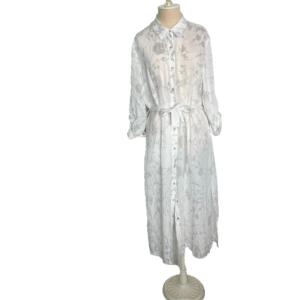 Tahari Shirt Dress L Semi Sheer Button Midi Floral Slit Hem Belted Long Sleeve - Image 2 of 4