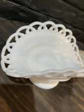 Vintage Milk Glass Nut Candy Mint Bowl Dish White Pedestal Banana Lace Edge 9”