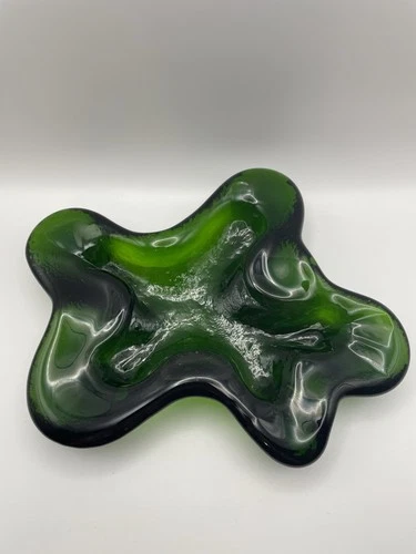 Blenko Vintage Green Glass Freeform Amoeba Ashtray  Heavy Solid