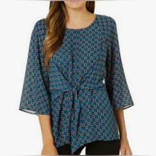 Chenault Teal Geometric Print Tie Front Draped Blouse sz M EUC Boho Eclectic