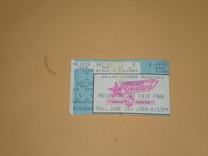 Camelot-Rock Hudson-Sherry Mathis-Jerry Lanning Theatre Ticket-1984-Fair Park-TX