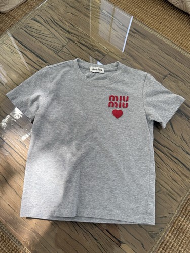 Miu Miu Gray Cotton Jersey Logo Heart Graphic Crewneck T-Shirt Men’s S