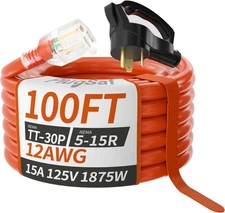 RV 30 Amp to 110 Adapter Extension Cord 100 FT, NEMA TT-30P 100FT, orange 