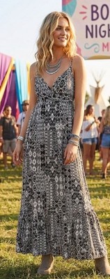 Azul by Moussy Black/White Boho Geometric Patchwork Lace Up Back Maxi Dress S